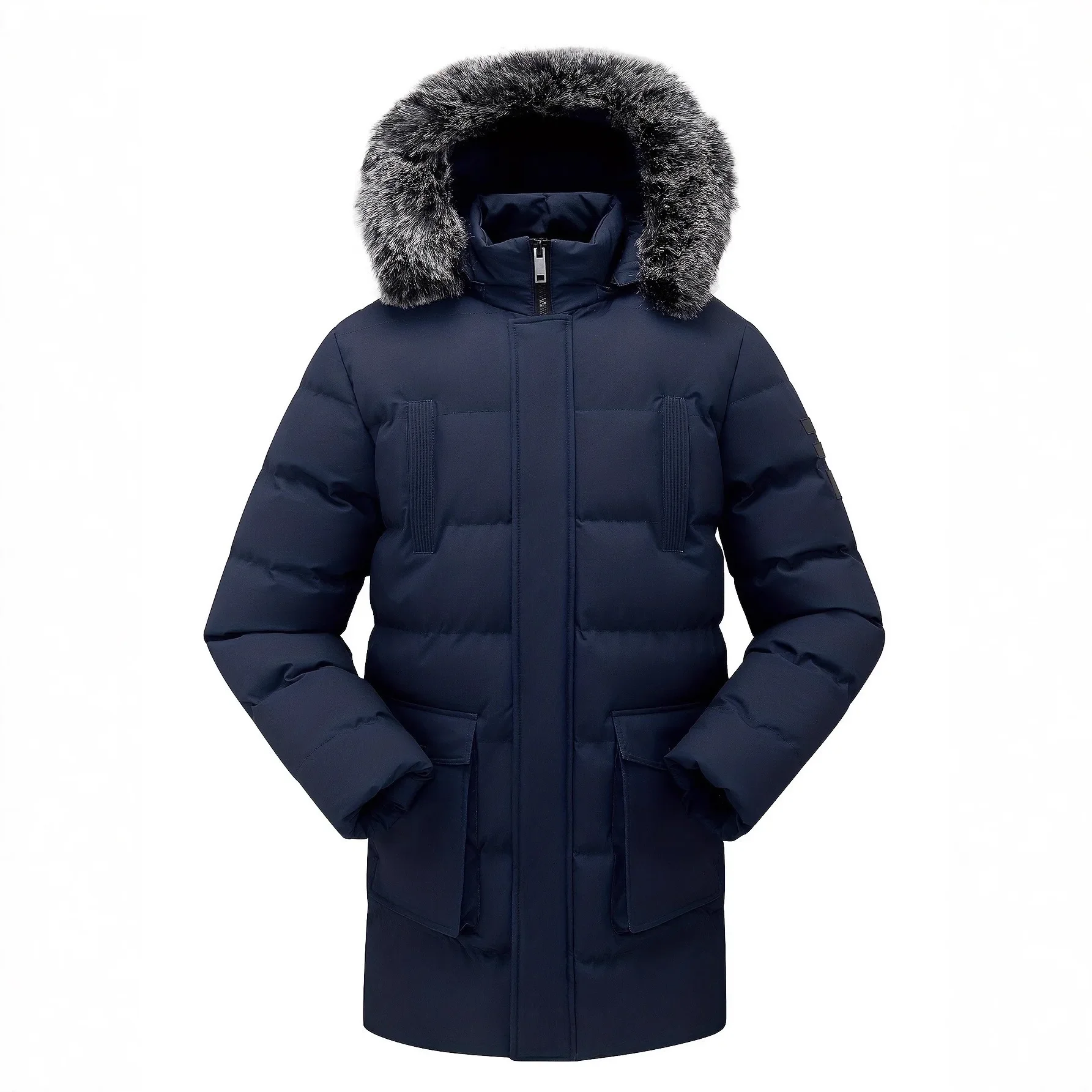 

Men Jacket Winter Thicken Cold-proof Pocket Male Down Coat Simple Long Sleeve Pocket Mid Length Detachable Hooded Man Outerwear