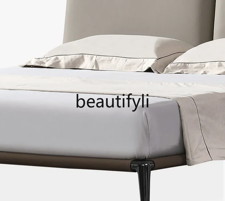 E182 Leather bed First layer cowhide stainless steel master bedroom bed Double Italian minimalist leather bed