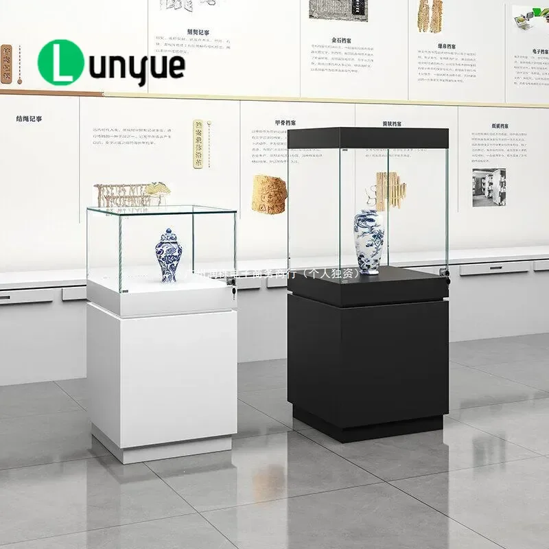 Glass Jewelry Display Stand with Belt Wheel Movable Showcase for Cultural Relics Exhibition Cabinet Storage Organizer