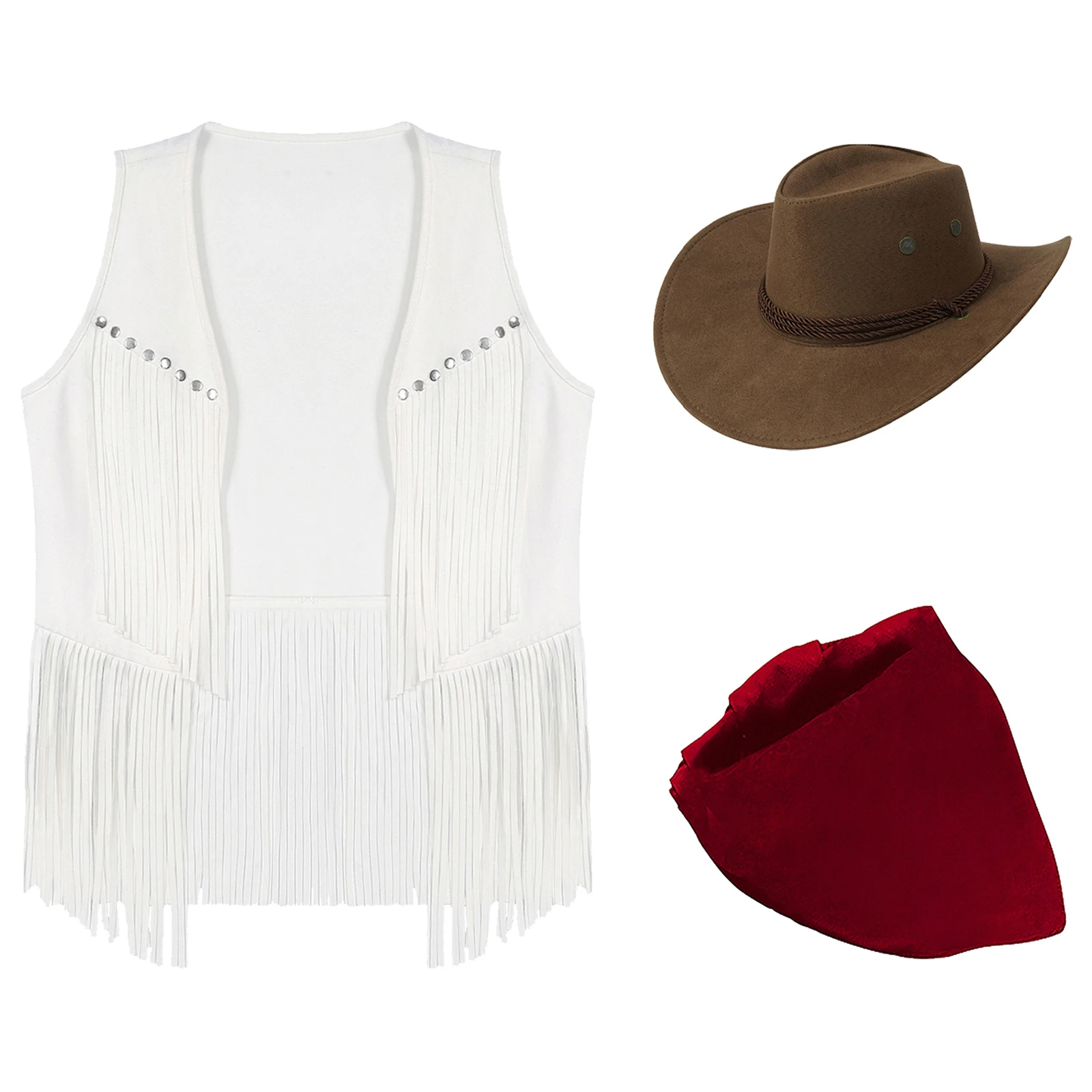 

Women Halloween Cowgirl Tassel Vest Fashion Rivets Fringe Waistcoat Open Front Sleeveless Jacket with Bandanna Cowboy Hat Set