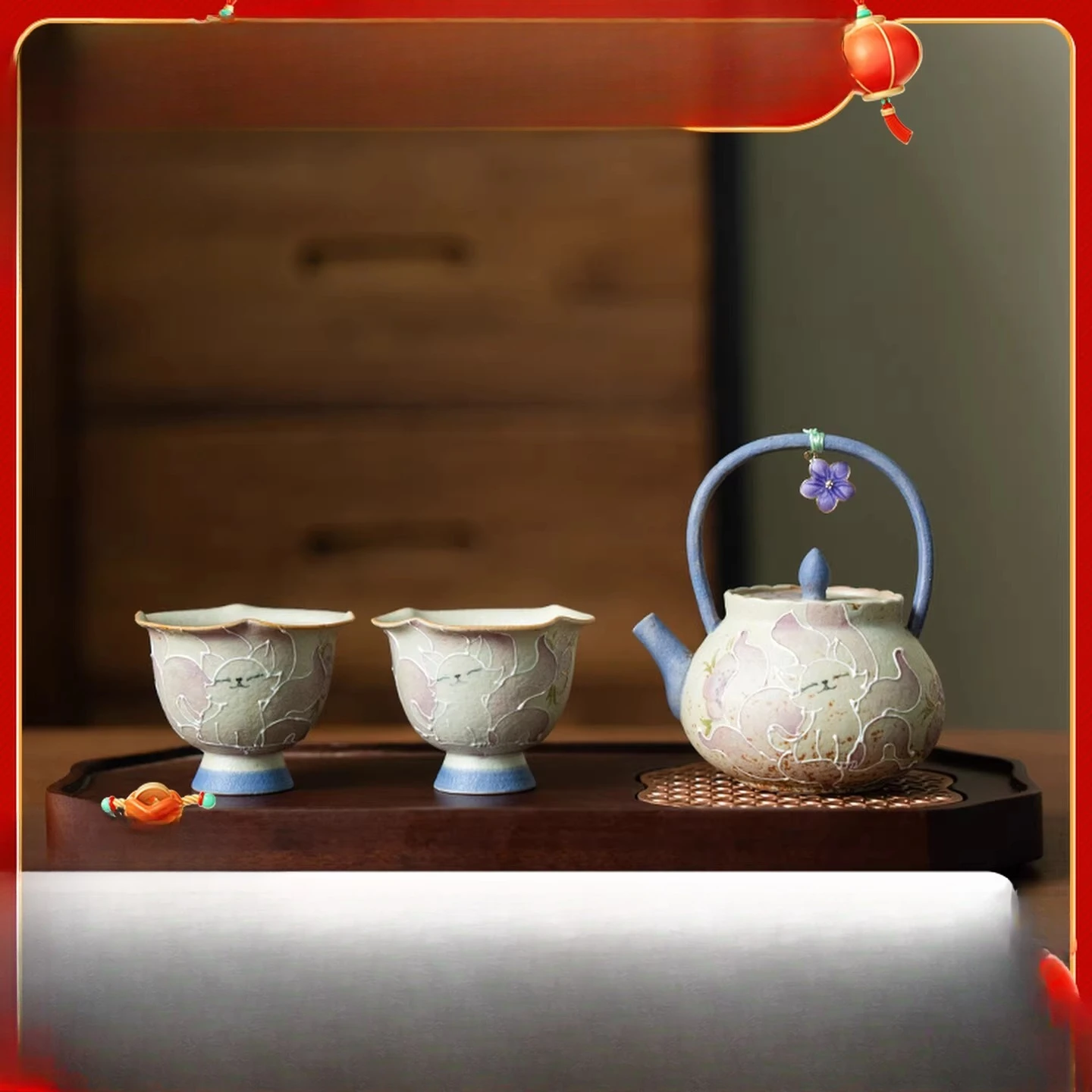 Hand-painted nine-tailed fairy fox lifting beam pot, high-footed cup ceramic one pot and two cups
