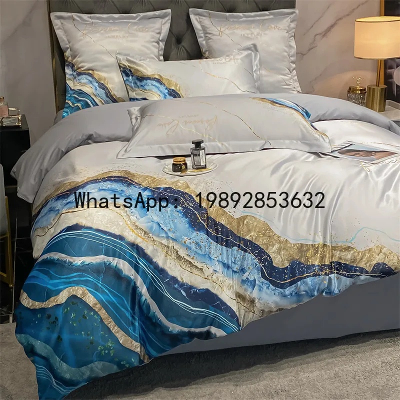 HYS cotton pure cotton four-piece set blue quilt cover mattress bed sheet