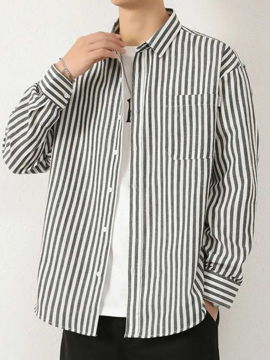 

Men's Striped irt Long Sve Casual Spring Autumn Loose Fit Faionable Men's Clothing Brand Jin Ge Waist Cinched PU Material