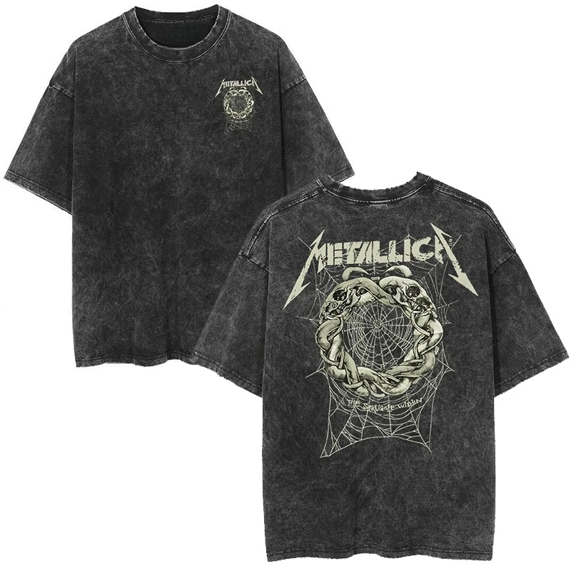 Metallic Rockband Retro Washed Short-Sleeved Round Neck Y2K T-Shirt Men's Clothing New Arrival Top Tees Men's T-Shirt Camisetas