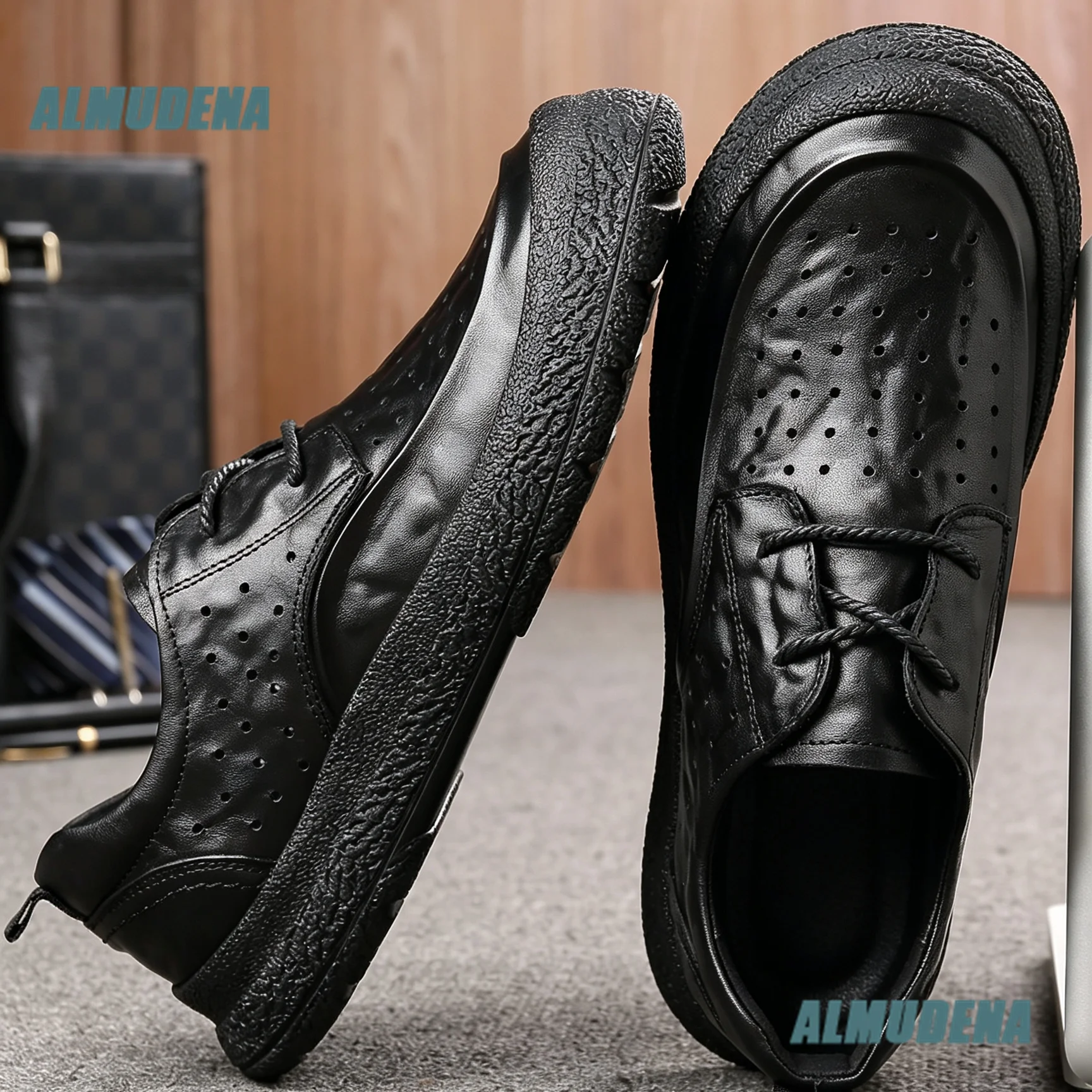 Men Lace-Up Perforated Leather Casual Shoes Hollow Out Leather Breathable Thick Soft Sole Casual Shoes Summer Walking Shoes