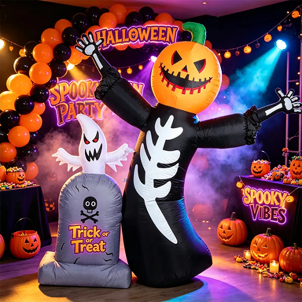 8 FT/2.4M Halloween Inflatable Skull Pumpkin Man with LED Lights Outdoor Garden Lawn Holiday Party Decoration Props Gravestone view 2