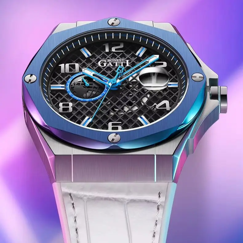 

BONEST GATTI Мужские автоматические часы Винтаж 47 мм Механические наручные часы Скелет 50 м Водонепроницаемые сапфировые часы с датой недели Кожаный ремешок