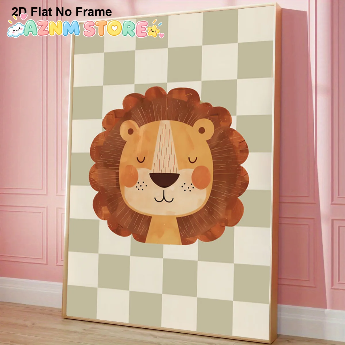 2D Flat, 2D Flat, Frameless 2D Canvas Poster Featuring an Adorable Cartoon Lion'S Face with a Mane Set Against a Checkerboard