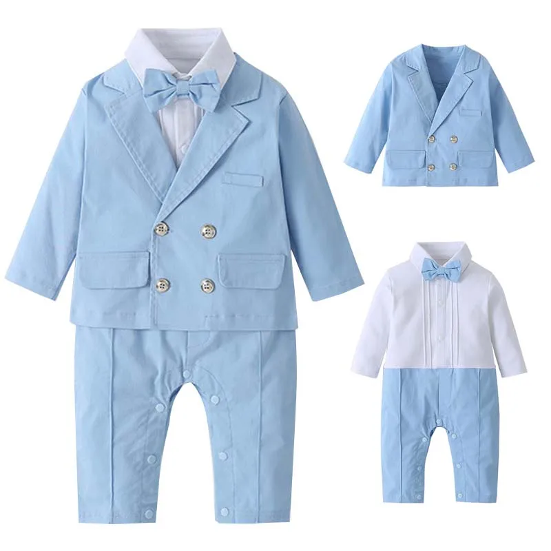 Baby Clothes Boy White Black Christening Suits Infant Winter England Jumpsuit+Coat Tuxedo Gentleman Clothes Sets for Toddler Boy