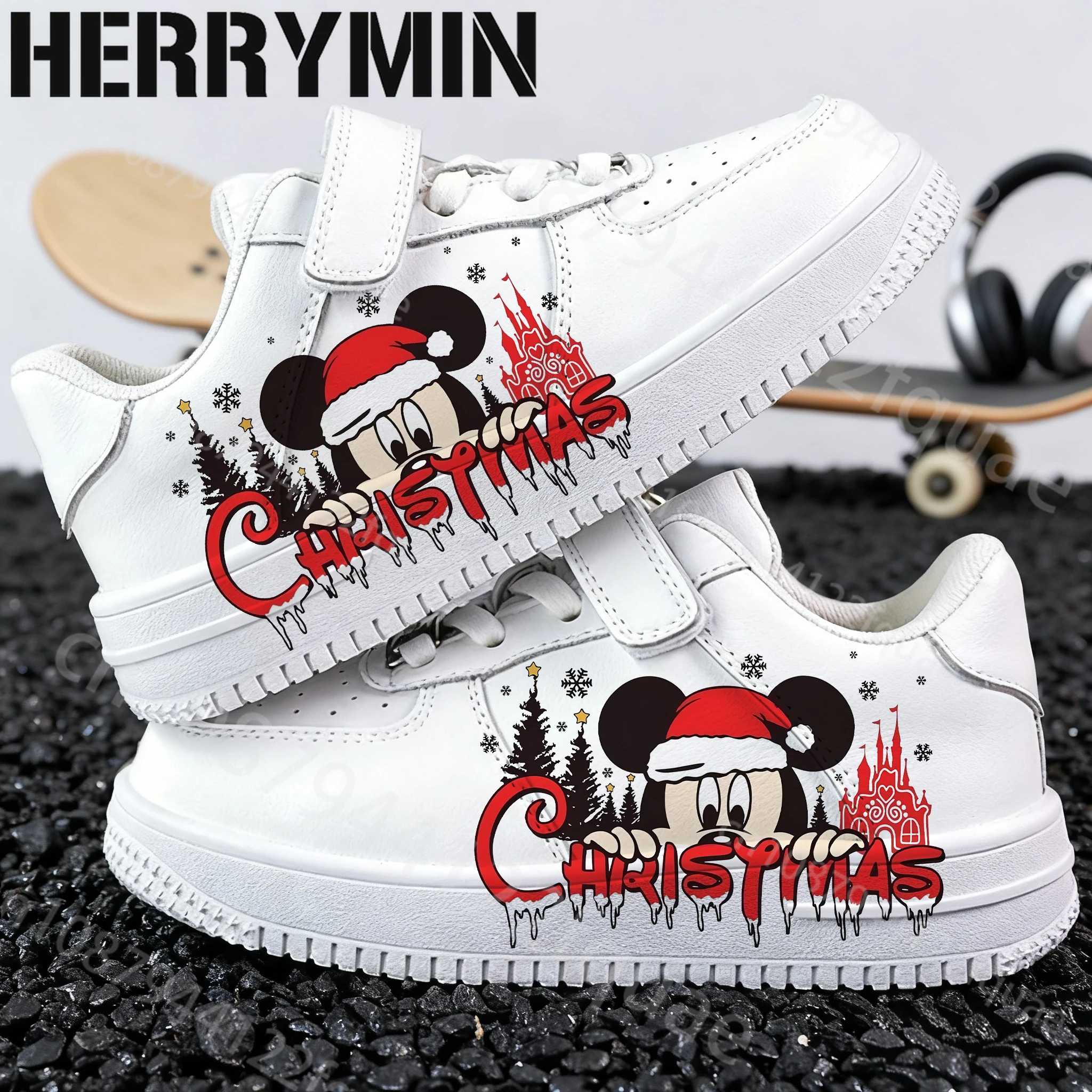

2025 Christmas Hot Selling Mickey Minnie Children shoes boys girls Christmas printing White Shoes Gift Parent child shoes