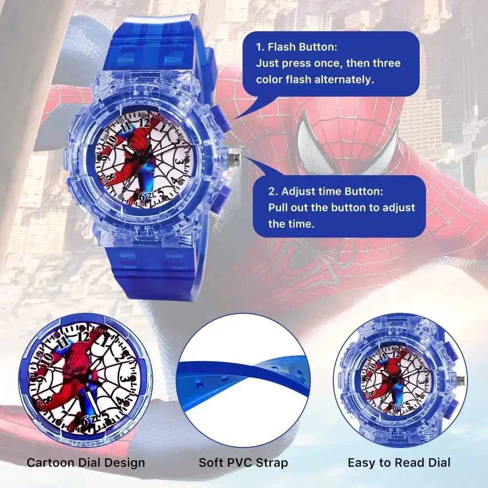 Disney Spiderman Kids Watch for Boys Girls Adjustable Strap Flashing Learning Time Kids Wrist Watch Toy Children Clock Gift