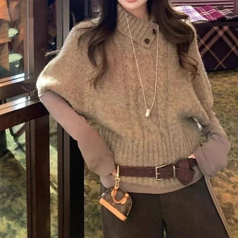 Chic Slouchy Poncho Knitted Mid Sleeve Top Loose Cozy Warm Soft Elegant Daily Casual Autumn Winter Women's Waist Cinched Sweater