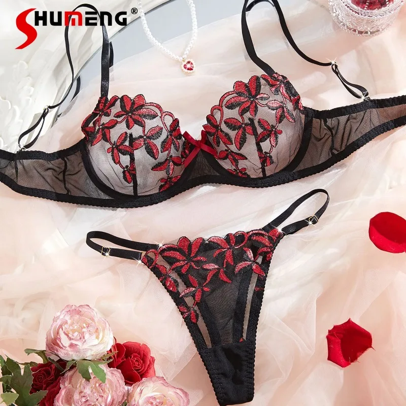 

Embroidery Ultra Thin Cup Bra Set with Underwire Women Push Up Pure Desire Intimates Female Sexy Style Brief Suits Lingerie