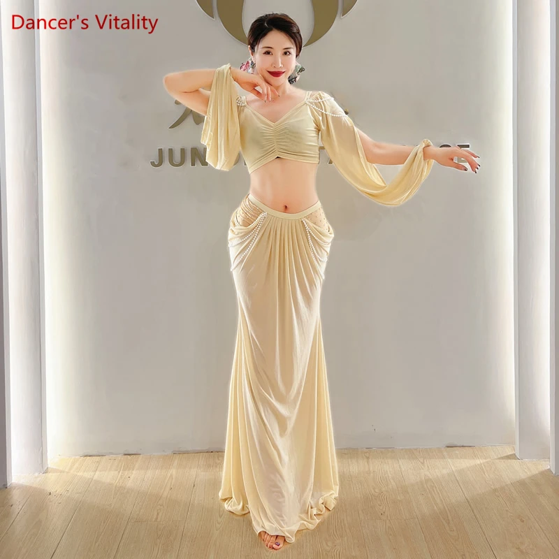 Belly Dance เสื้อผ้าสำหรับผู้หญิงตาข่ายไข่มุกด้านบน + กระโปรง2Pcs สาว Oriental เครื่องแต่งกายชุดหญิงฝึกสวมใส่เครื่องแต่งกาย