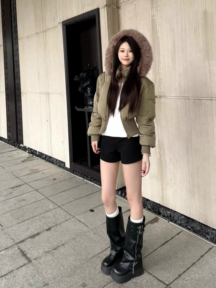 Winter Thickened Short Puffer Jacket Women's Belted Slim Fit Warmth Bread Style Cotton Outerwear with Hood Large Fur Collar