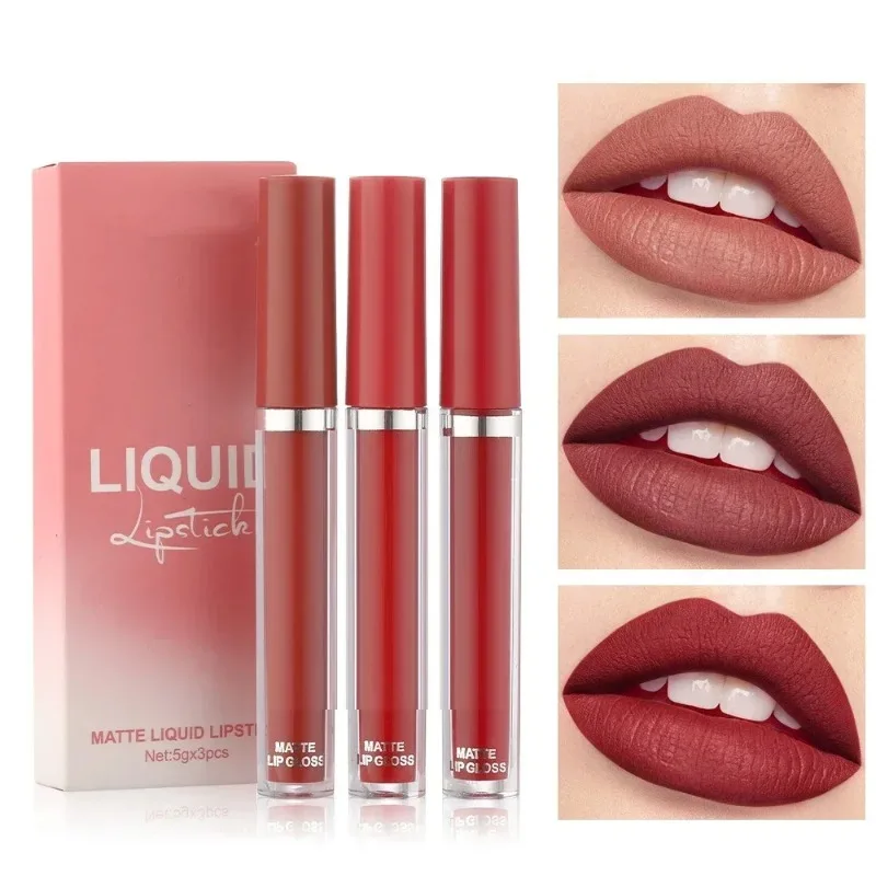 Samt 3-teiliges Set mit Nebelgesicht, matte Lippenglasur, wasserdichter Antihaft-Becher, kleiner orangefarbener Milchtee-Bohne, Sand, Lippenfarbe, Damen-Lippen-Make-up