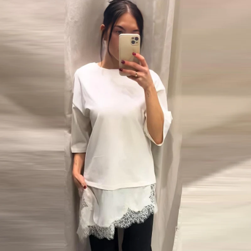 HXAO Spitze Übergroßes T-Shirt Sommer Herbst Weibliche Y2K Off White Kurzarm Top Frauen Plus Größe Lange T-Shirt Chic Streetwear Top