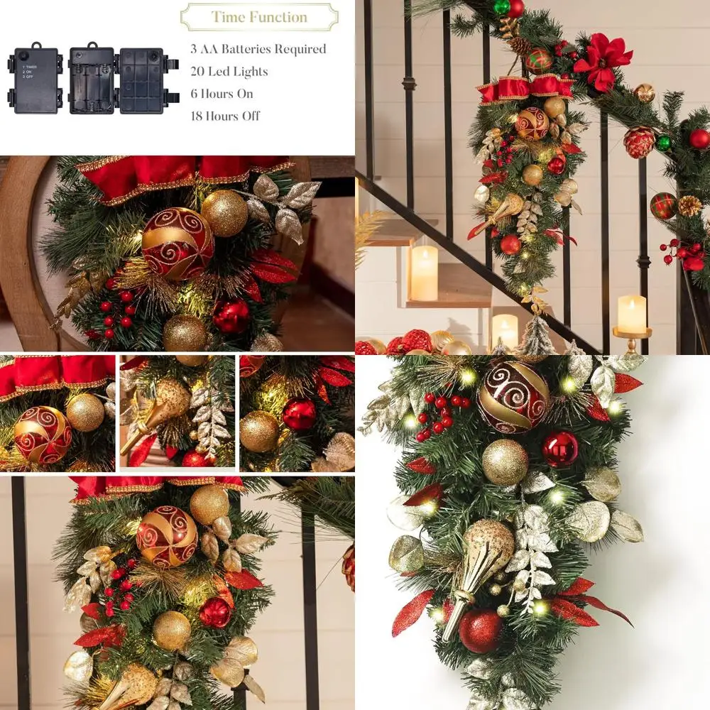 

24-дюймовая каплевидная подсветка с 20 светодиодными фонарями, красный и золотой рождественский декор для уличных почтовых ящиков и дома