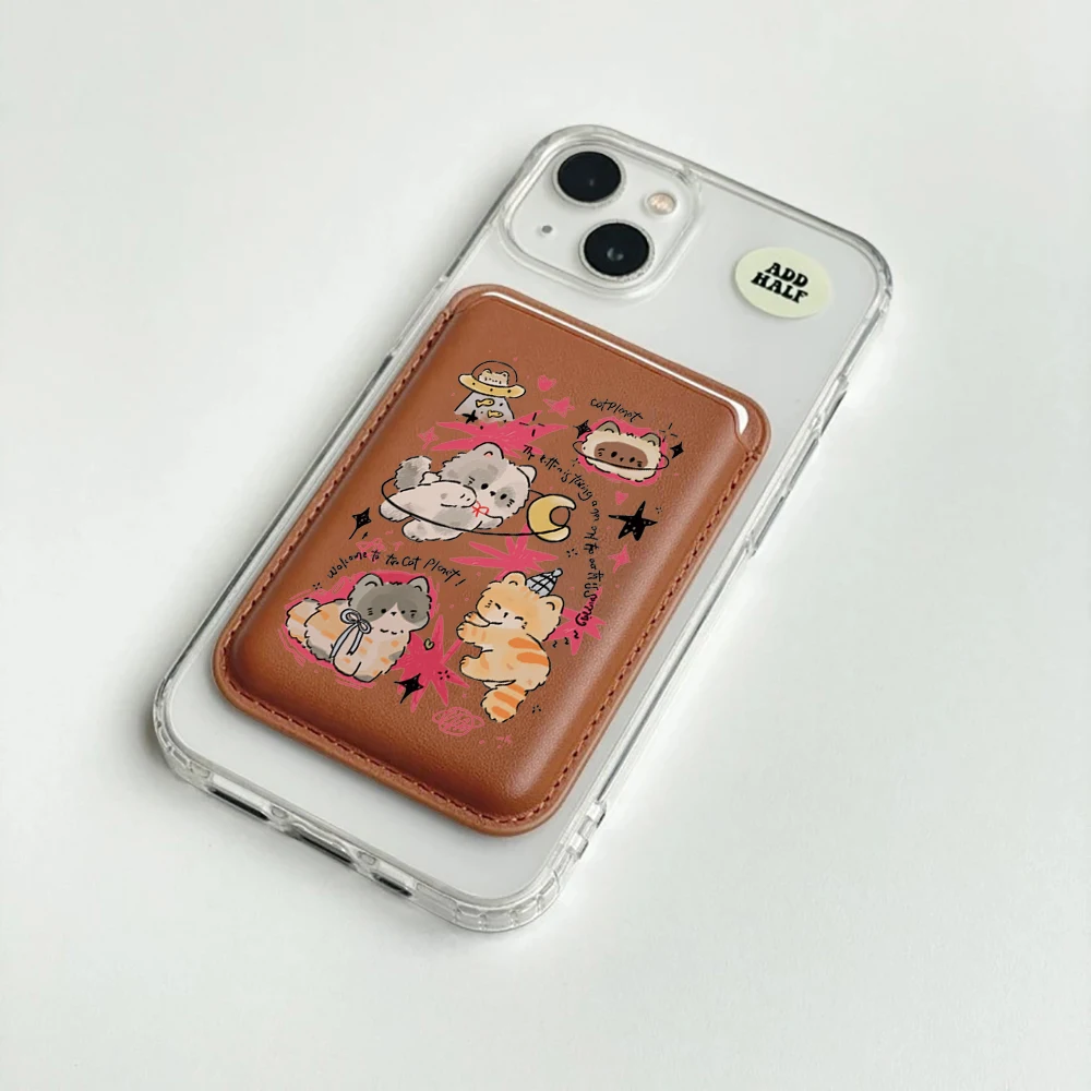 Lustige Niedliche Katzen-INS-Leder-Kartenhalter-Handyhülle, Geeignet für alle iPhone-Hüllen, Magsafe Magnetische Karten-Handyrückentasche – Detail 2