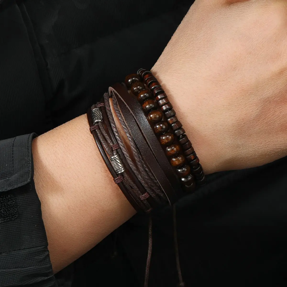 4PCS Fashion Vintage Multi-Layer Wooden Beads Trendy Accessories Men's Bracelet image 5