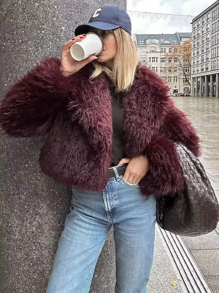 HH 2025 Damska Kurtka z Szerokim Kołnierzem i Efektem Sztucznego Futra, Zimowa, Elegancka, z Kieszeniami, Krótki Płaszcz