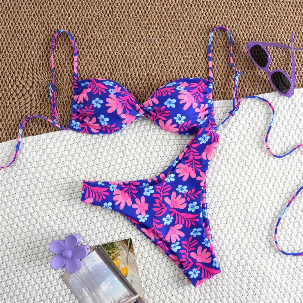 

Синий цветочный принт, бандо, комплекты бикини, сексуальный купальник, женский купальник 2026, купальник с крестом, купальный костюм с высоким вырезом, бикини Mujer