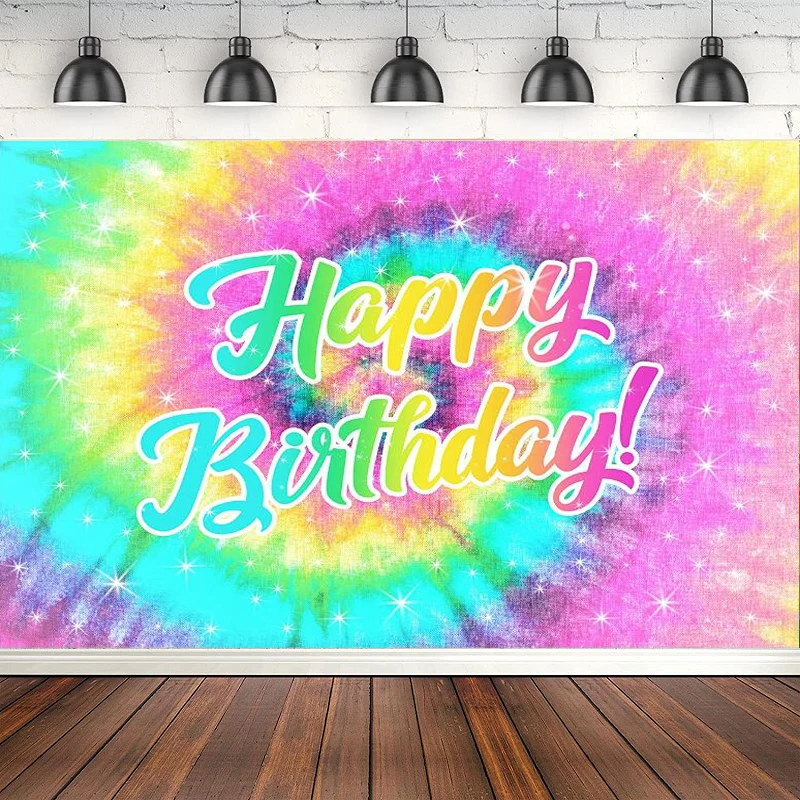 

Tie-Dye Photography Backdrop 60s 70s Hippie Theme Happy Birthday Party Groovy Sign Rainbow Pastel Girls Colorful Background