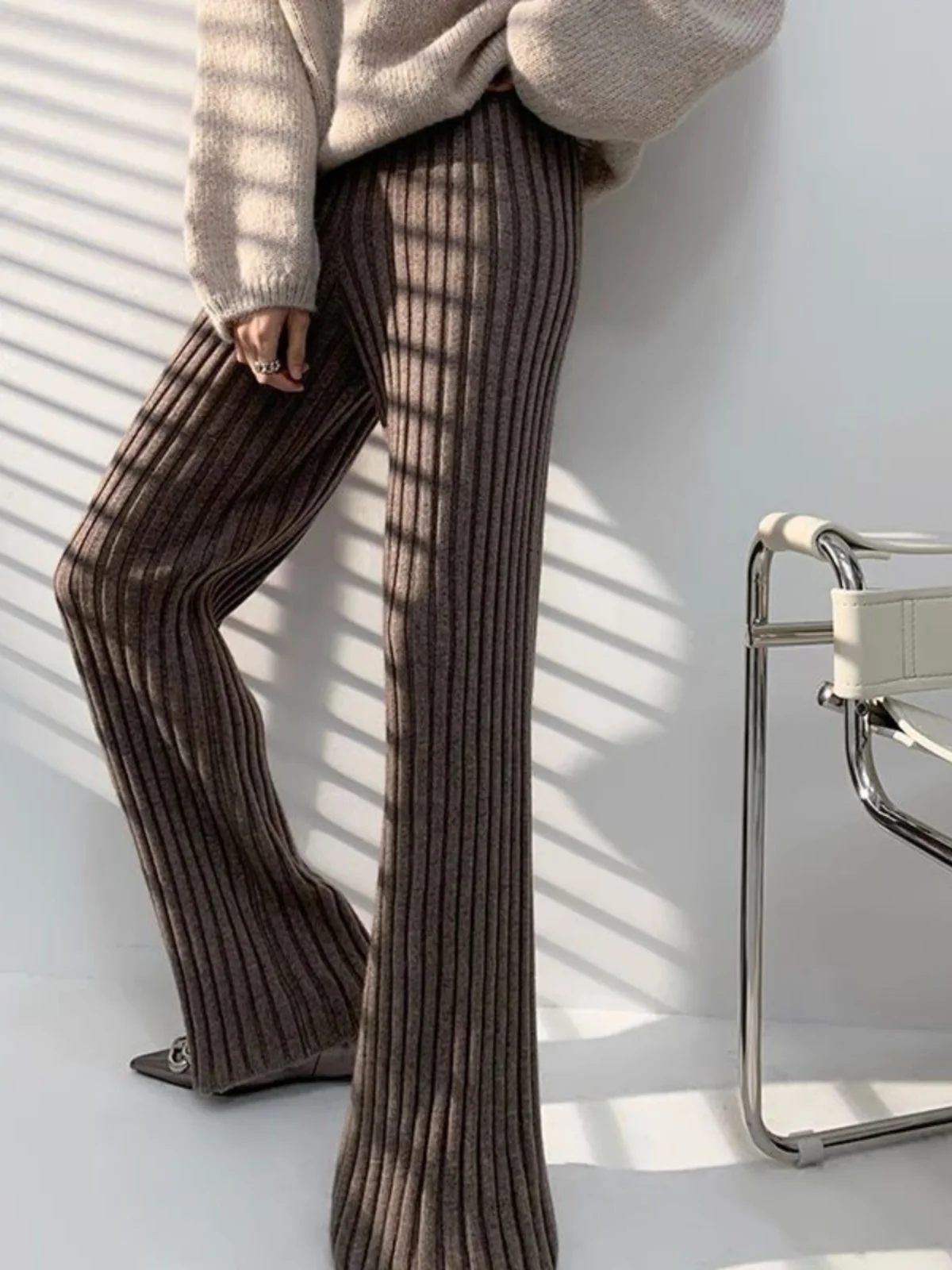 

Свободные прямые трикотажные брюки для женщин, длинные брюки с высокой талией, повседневные модные брюки из полиэфирного волокна