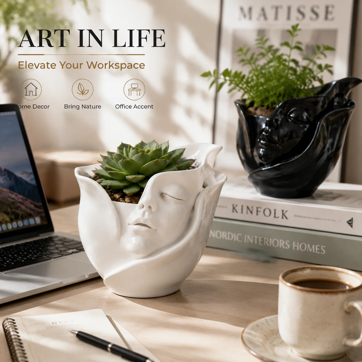 Home Office Xp - กระถางต้นไม้เรซินรูปหน้าคนสุดสร้างสรรค์สำหรับปลูกไม้อวบน้ำ กระถางตกแต่งสไตล์โมเดิร์นสำหรับตกแต่งบ้าน สำนักงาน โต๊ะทำงาน หรือเป็นของขวัญ