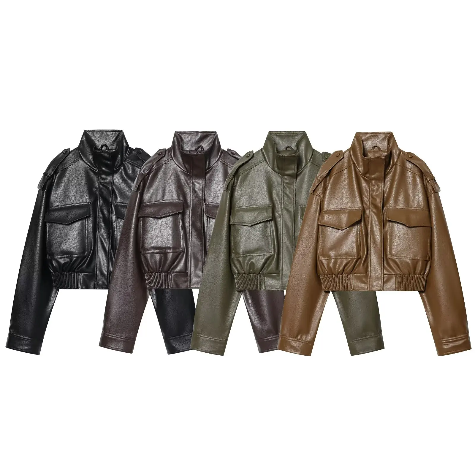 Faionable Basic PU Leather Jaet Women's Autumn Winter New Arrival Stand Collar Zipper ort Coat Simple Match All Seasons