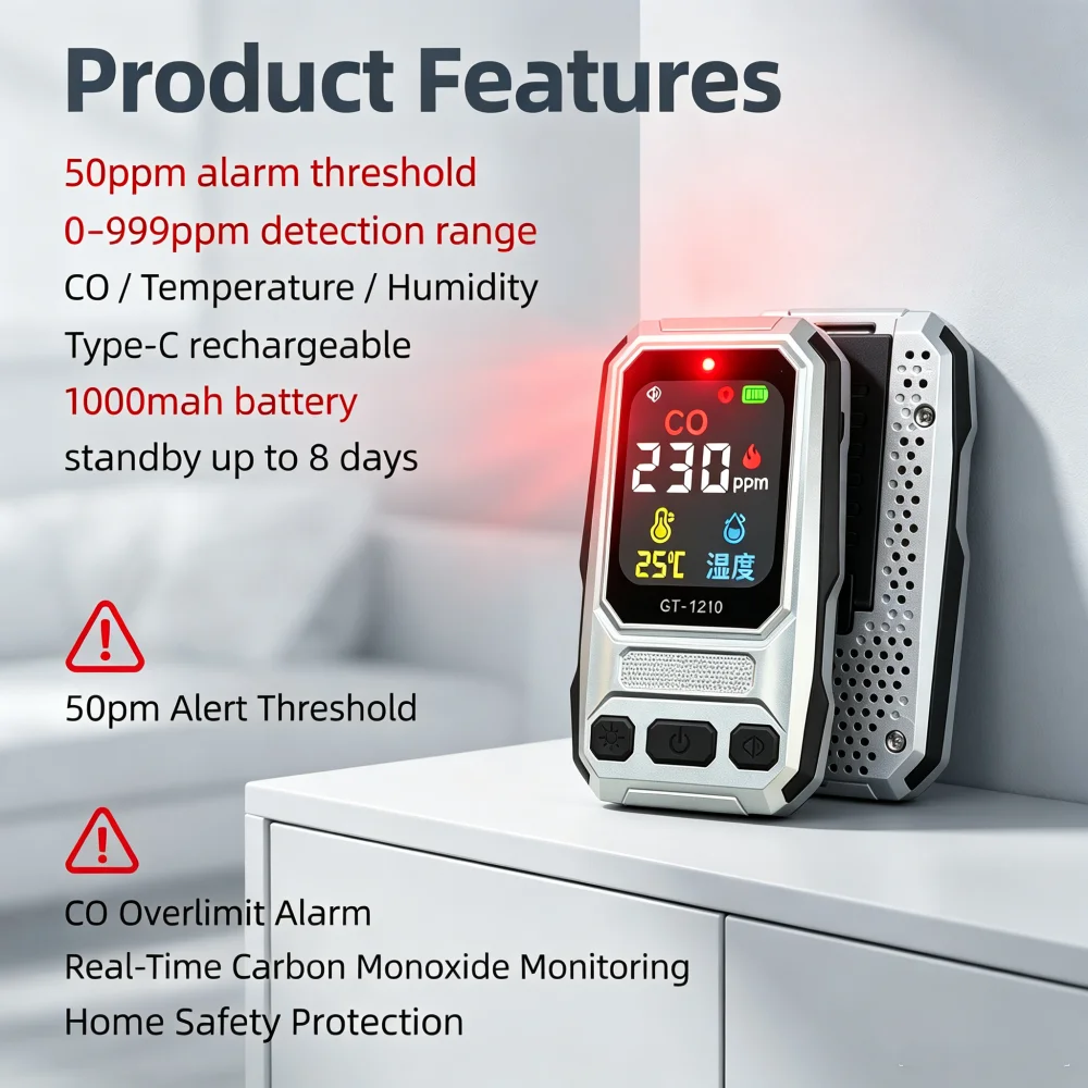 Carbon monoxide detector CO alarm module Type C charging battery 3 in 1 temperature and humidity display portable gas detector