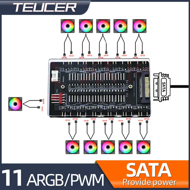 Magnetic 2 in 1 Multi Splitter Fan Hub 11 Way 5V 3PIN ARGB 12V 4PIN PWM Interface SATA Power PC Chassis Cooling Accessories