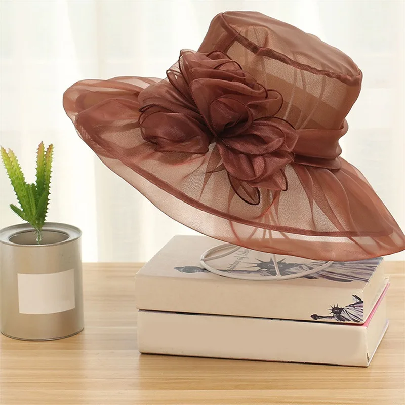 Elegant Bow Lady Hat Summer Organza Wide Brim Sunscreen Kentucky Derby Hats For Women Church Wedding Beach Sun Cap Foldable