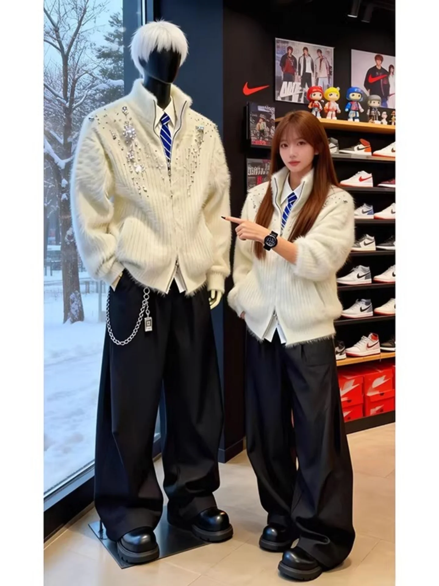 

Мужской зимний вязаный кардиган с жемчужной отделкой, высоким воротником, повседневный, для пар, в стиле кэжуал