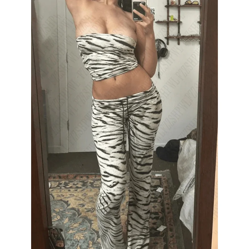 

Chic Zebra Print Sexy Slim Tube Suit Punk Harajuku vintage Casual Womens tie up Pants Emo Girls Hip Hop Y2K Rock Suit Streetwear
