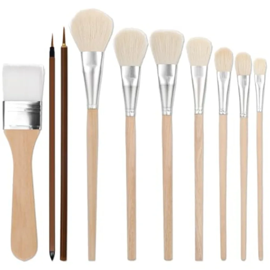 

10 Pcs Assorted Size Mop Brush for Acrylic Painting Goat Hair Oil Painting Brushes Acrylic Blending Brush with Wooden Handle fo