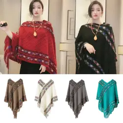 Fashion Mongolian Poncho Women's Soft Ethnic Style Knitted Cape Rhombic Stripe Tassel Shawl Coat Overlays Knitting Wraps