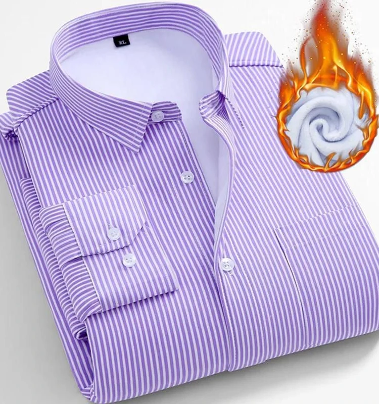 

2023 Winter Fleece Thickened Warm Men Striped Shirts Slim Fit Long Sleeves Korean Style Contrast Color Casual Dress Shirts Q02
