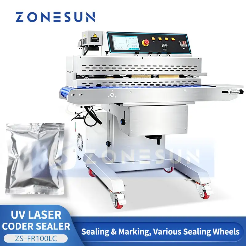 ZONESUN ZS-FR100LC Continuous Band Sealer with UV Laser Coding Bag Sealing Machine