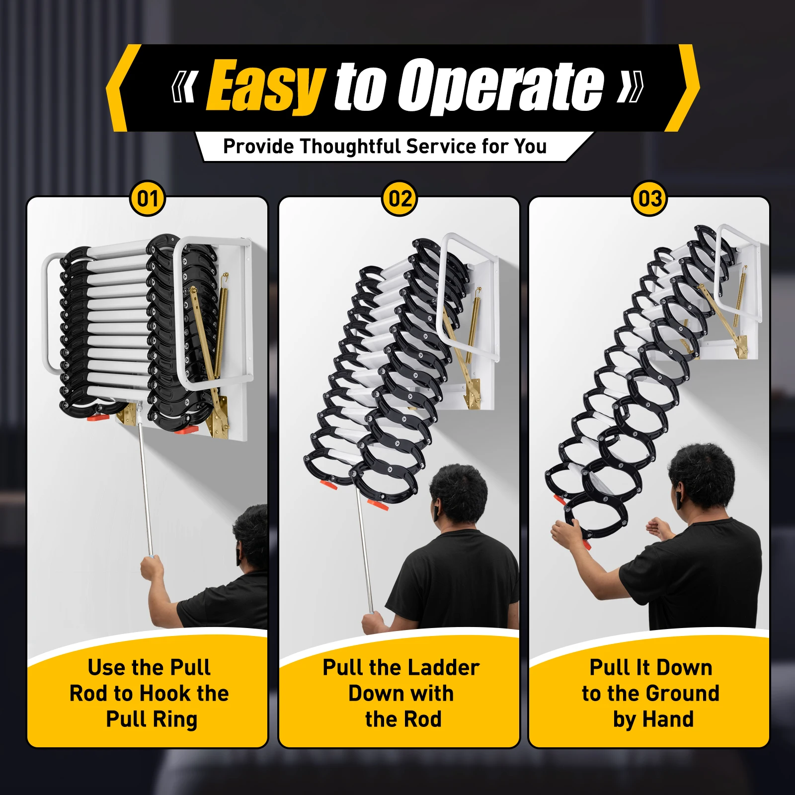 Folding Attic Ladder Wall-Mounted 12 Steps 2 Safe Handrail Durable Black White Anti-Slip for Attics, Garages, Roofs