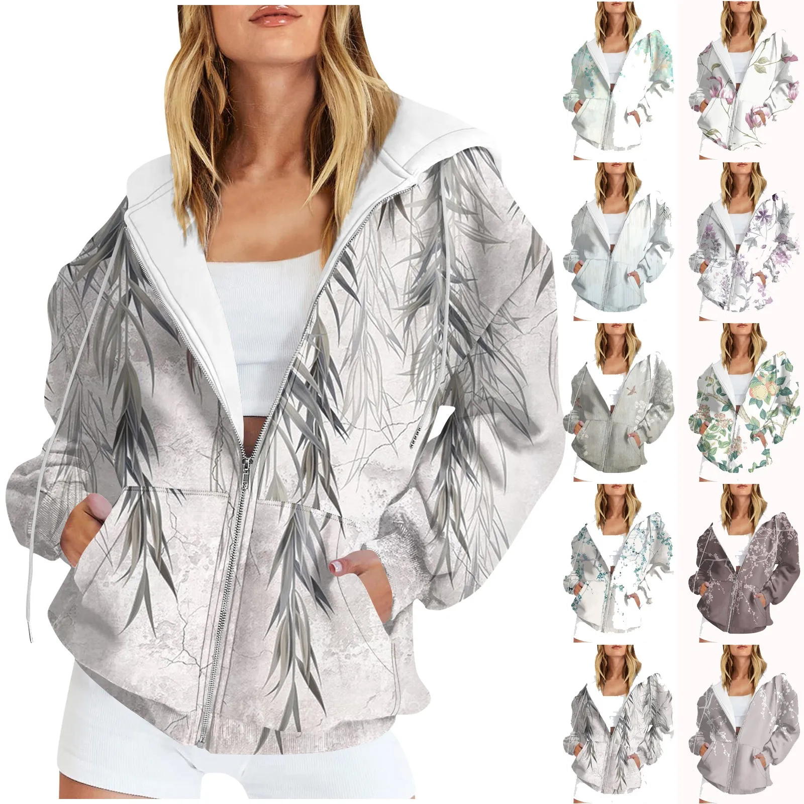 Women's Casual Fashion Foral Printed Long Sleeve Pullover Hoodies Zipper Sweatshirts Coat куртки осенние женские 가을자켓 2023