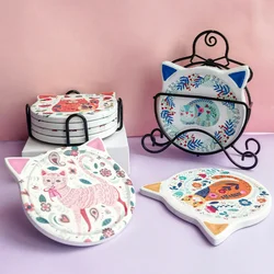 Cute Cat-shaped Ceramic Coaster Heat Insulation Pad Table Water Cup Holder Coffee Cup Non-slip Mat