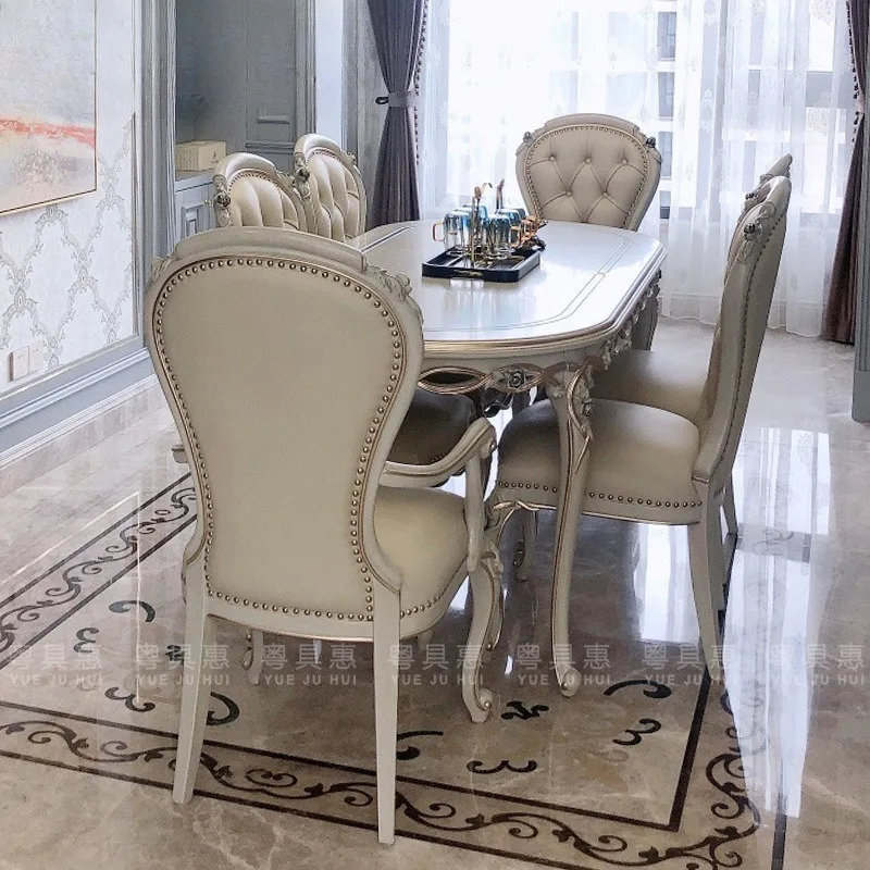 European leather solid wood carving 6-person combination dining table and chairs neo-classical simple European light luxury rest