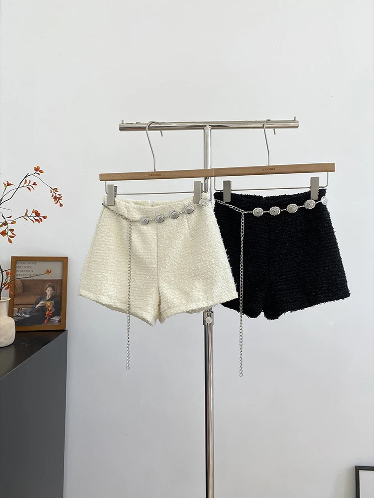 

2025 autumn and winter small fragrant style coarse tweed fashion versatile temperament slimming high waist wide leg shorts