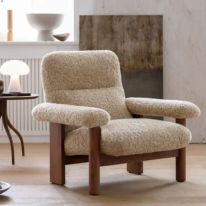 

yh Medieval leisure chair living room designer retro lamb wool ash wood single sofa