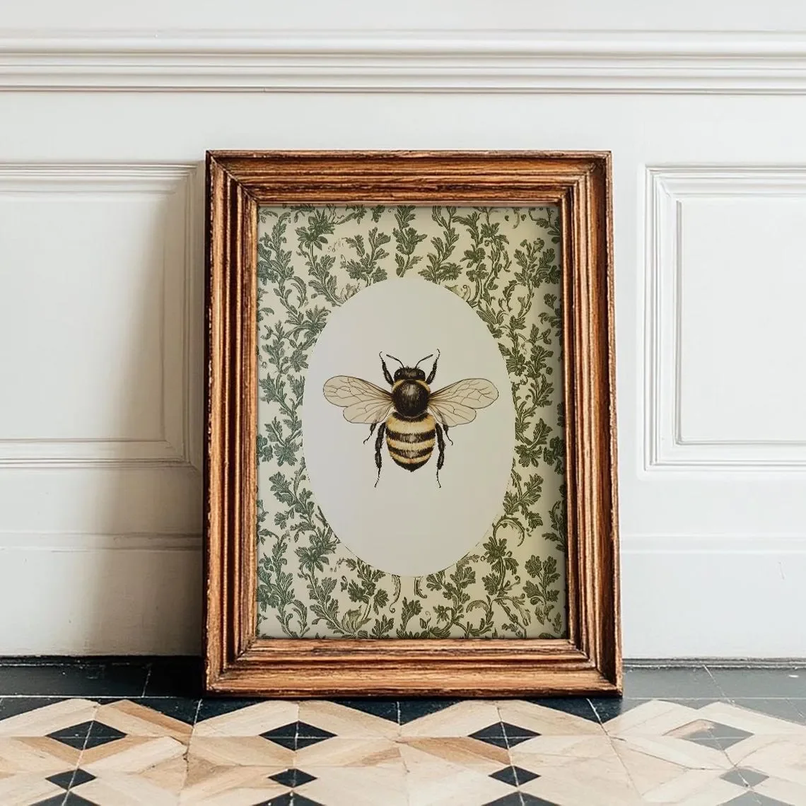 Vintage Bee Wall Art, Cottagecore Floral, Botanical Insect Decor, PRINTED AND SHIPPED, Bumblebee Oval Print, Rustic Garden Ar