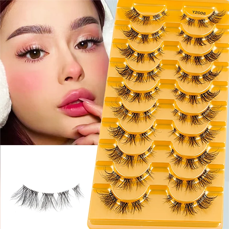 10 pairs of 3D thin lightweight fake eyelashes with natural simulation appearance, transparent stem, short anime fake eyelashes