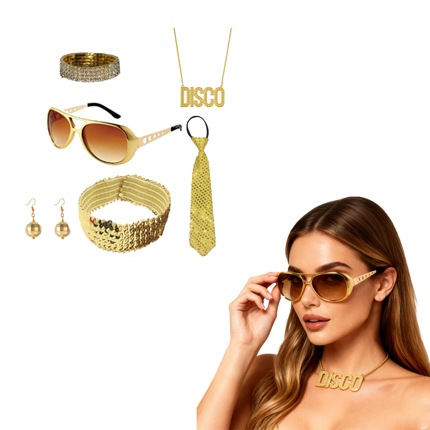 PESENAR jaren 1970 Disco Rock Star Cool Outfits Gouden Bal Oorbellen Ketting Bling Hoofdband Stropdas Zonnebril Sieraden Set
