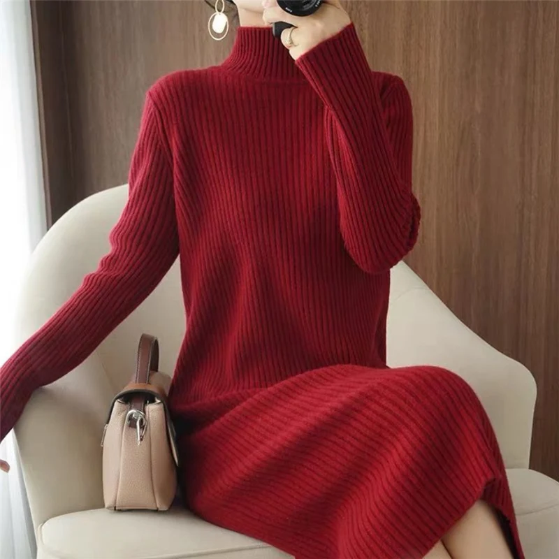 Herbst Winter Mode Elegante Halb Kragen Dünne Lange Hülse Grundlegende Rippe Gestrickten Pullover Kleid für Frauen Casual Solide Kleider Vestidos