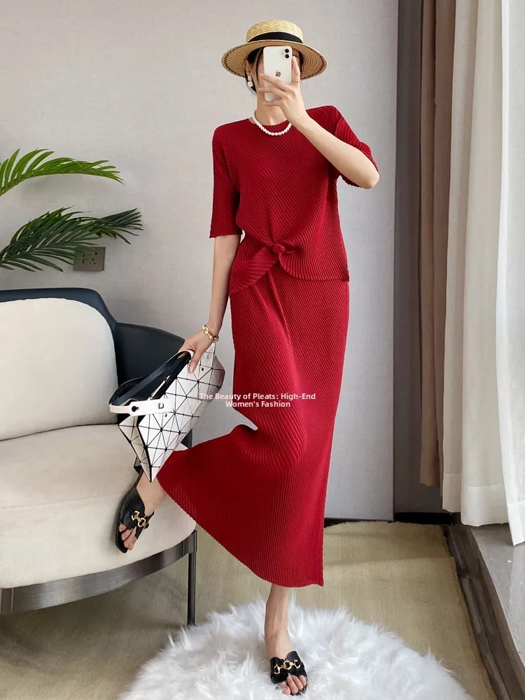 Casual Style Pleated Half Sleeve T-Shirt Fish Scale Pleat High End Women's Elegant Top Skirt Set Summer Fashionable Leisure Wind